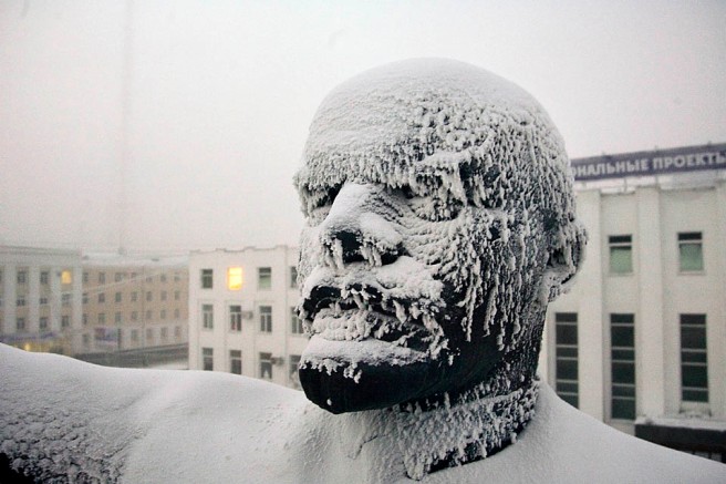 A frozen monument to Soviet founder Vladimir Lenin is seen as the temperature is below -30 degrees Celsius (-22 degrees Fahrenheit).in downtown Yakutsk, about 4,800 kilometers (3,000 miles) east of Moscow, Monday, Dec. 28, 2009. (AP Photo/Yakutsk Vecherny, Aexander Li)